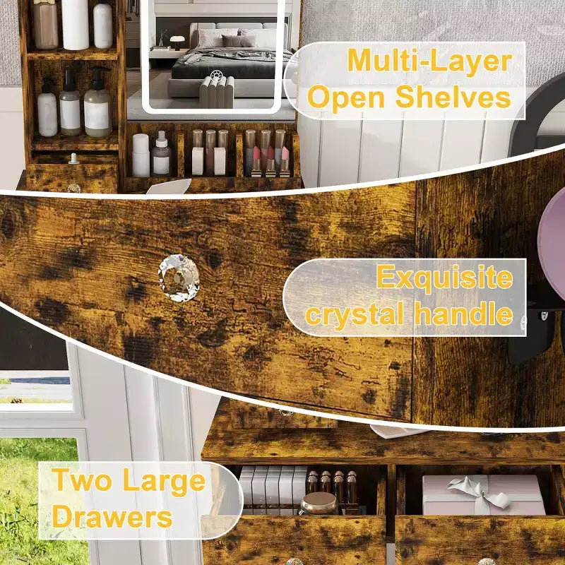 Makeup Vanity Desk Vanity Table Dressing Table with Stool, 3 Color Mode Lighted Mirror, Hair Dryer Holder, Power Outlet & Storage Drawers -ModernLuxe