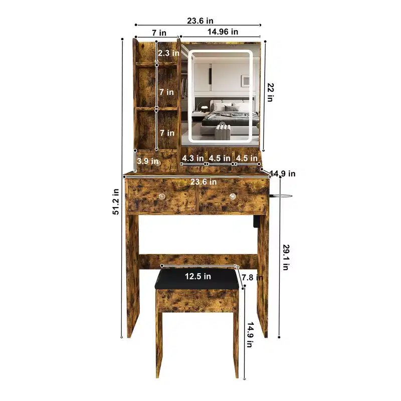 Makeup Vanity Desk Vanity Table Dressing Table with Stool, 3 Color Mode Lighted Mirror, Hair Dryer Holder, Power Outlet & Storage Drawers -ModernLuxe