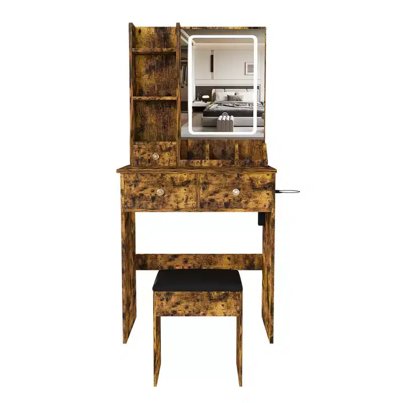 Makeup Vanity Desk Vanity Table Dressing Table with Stool, 3 Color Mode Lighted Mirror, Hair Dryer Holder, Power Outlet & Storage Drawers -ModernLuxe