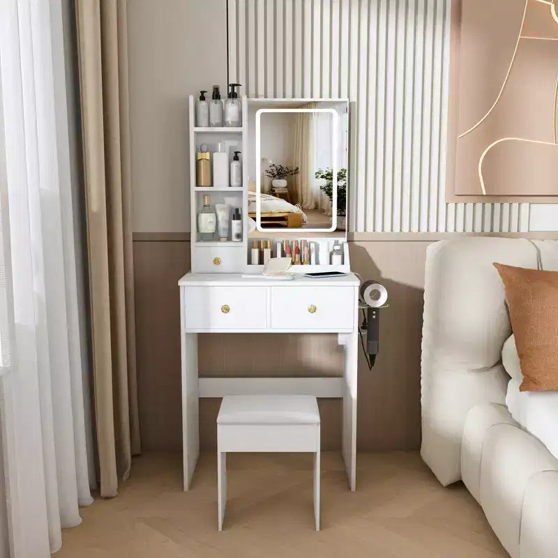 Toeletta per il trucco con sgabello, specchio illuminato a 3 colori, supporto per asciugacapelli, presa di corrente e cassetti portaoggetti - ModernLuxe