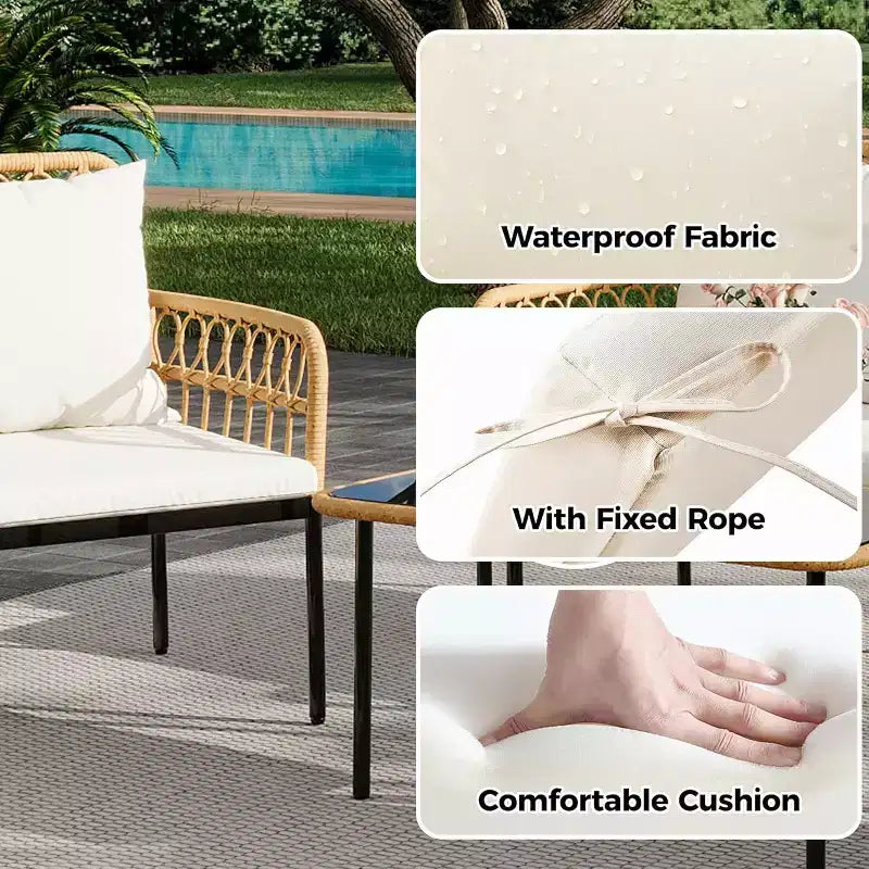 Set da esterno in 4 pezzi stile Boho - Divanetto in rattan sintetico per tutte le stagioni, Robusta struttura in metallo, Tavolino in vetro e Cuscini spessi