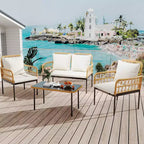 Set da esterno in 4 pezzi stile Boho - Divanetto in rattan sintetico per tutte le stagioni, Robusta struttura in metallo, Tavolino in vetro e Cuscini spessi