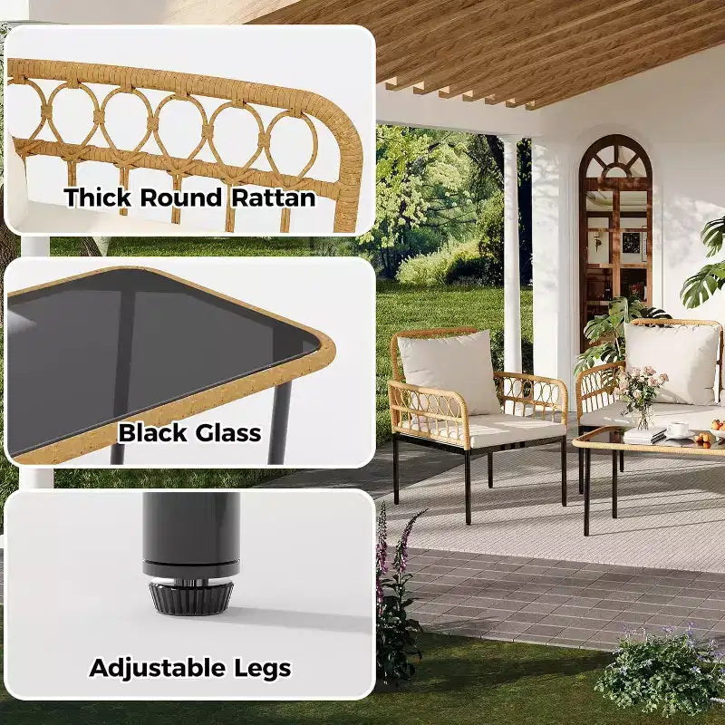 Set da esterno in 4 pezzi stile Boho - Divanetto in rattan sintetico per tutte le stagioni, Robusta struttura in metallo, Tavolino in vetro e Cuscini spessi