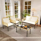 Set da esterno in 4 pezzi stile Boho - Divanetto in rattan sintetico per tutte le stagioni, Robusta struttura in metallo, Tavolino in vetro e Cuscini spessi