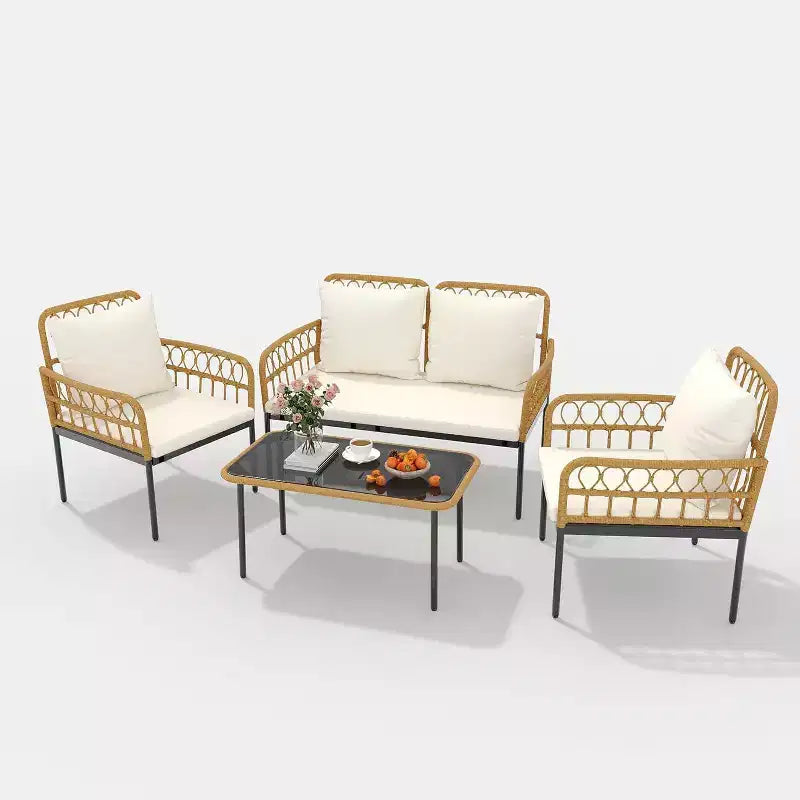 Set da esterno in 4 pezzi stile Boho - Divanetto in rattan sintetico per tutte le stagioni, Robusta struttura in metallo, Tavolino in vetro e Cuscini spessi