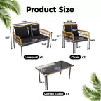 Set da esterno in 4 pezzi stile Boho - Divanetto in rattan sintetico per tutte le stagioni, Robusta struttura in metallo, Tavolino in vetro e Cuscini spessi