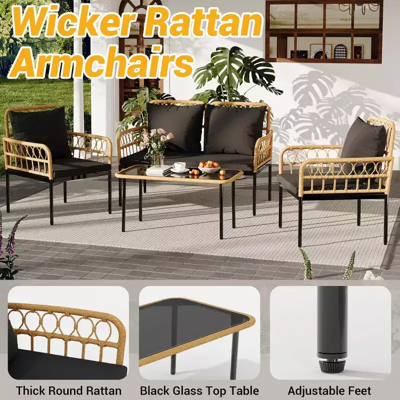 Set da esterno in 4 pezzi stile Boho - Divanetto in rattan sintetico per tutte le stagioni, Robusta struttura in metallo, Tavolino in vetro e Cuscini spessi