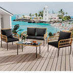 Set da esterno in 4 pezzi stile Boho - Divanetto in rattan sintetico per tutte le stagioni, Robusta struttura in metallo, Tavolino in vetro e Cuscini spessi
