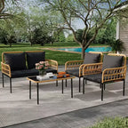 Set da esterno in 4 pezzi stile Boho - Divanetto in rattan sintetico per tutte le stagioni, Robusta struttura in metallo, Tavolino in vetro e Cuscini spessi