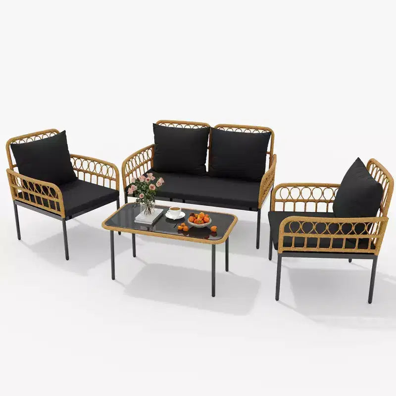 Set da esterno in 4 pezzi stile Boho - Divanetto in rattan sintetico per tutte le stagioni, Robusta struttura in metallo, Tavolino in vetro e Cuscini spessi