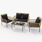 Set da esterno in 4 pezzi stile Boho - Divanetto in rattan sintetico per tutte le stagioni, Robusta struttura in metallo, Tavolino in vetro e Cuscini spessi