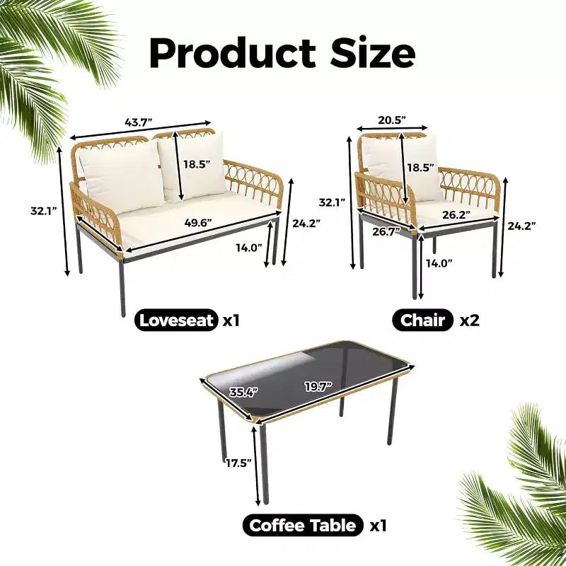Set da esterno in 4 pezzi stile Boho - Divanetto in rattan sintetico per tutte le stagioni, Robusta struttura in metallo, Tavolino in vetro e Cuscini spessi