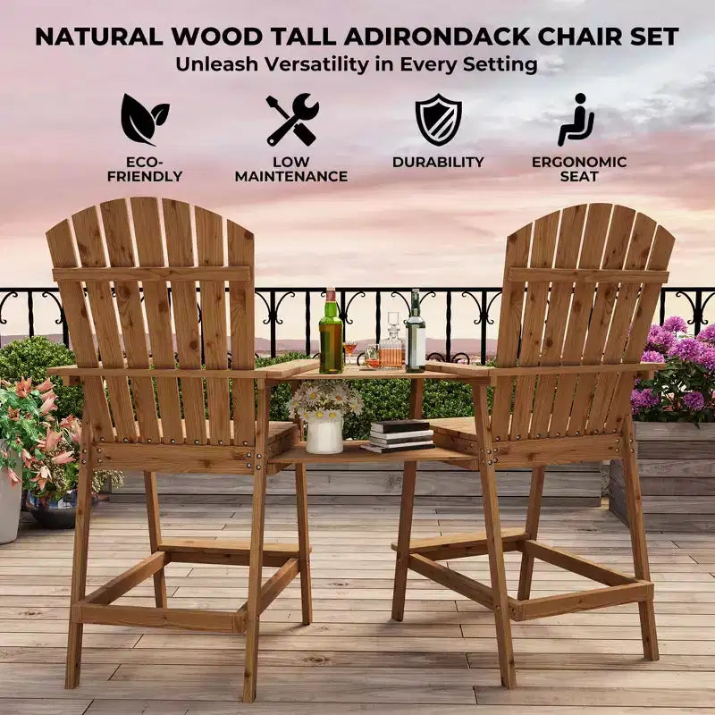 Set di 4 sedie Adirondack alte da esterno, altezza bar con vassoio di collegamento e foro per ombrellone, sedie da patio in legno massello per terrazza e cortile