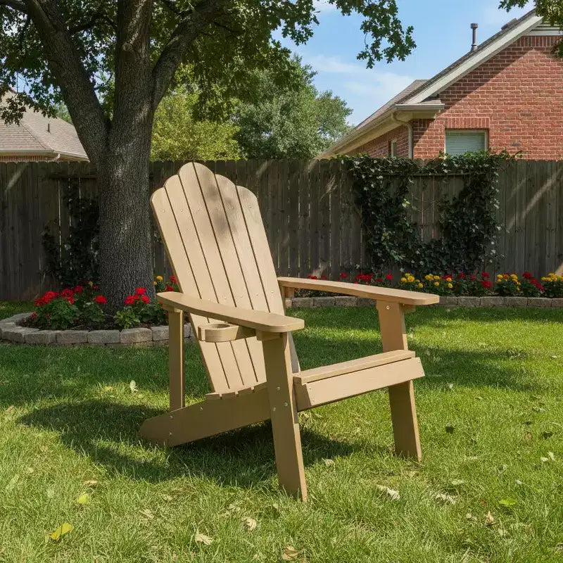 Gymax Outdoor Patio Adirondack Chair Made of Durable HIPS Material with Built-in Cup Holder Weather-Resistant and Supports Up to 380lbs Black/Teak