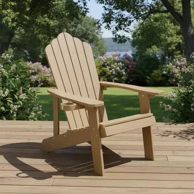 Gymax Outdoor Patio Adirondack Chair Made of Durable HIPS Material with Built-in Cup Holder Weather-Resistant and Supports Up to 380lbs Black/Teak