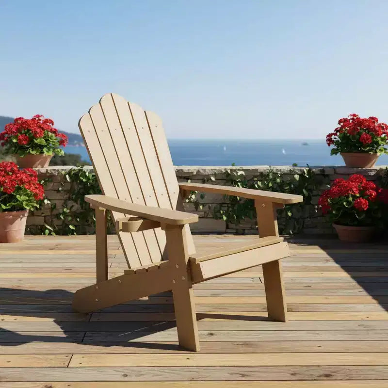 Gymax Outdoor Patio Adirondack Chair Made of Durable HIPS Material with Built-in Cup Holder Weather-Resistant and Supports Up to 380lbs Black/Teak