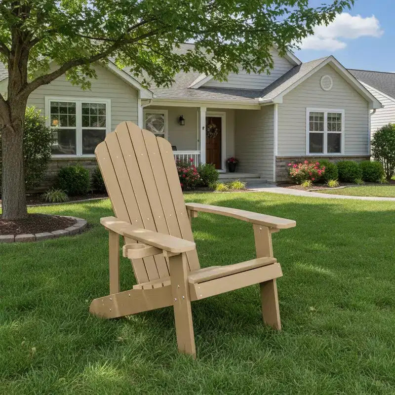 Gymax Outdoor Patio Adirondack Chair Made of Durable HIPS Material with Built-in Cup Holder Weather-Resistant and Supports Up to 380lbs Black/Teak