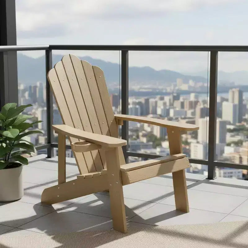 Gymax Outdoor Patio Adirondack Chair Made of Durable HIPS Material with Built-in Cup Holder Weather-Resistant and Supports Up to 380lbs Black/Teak