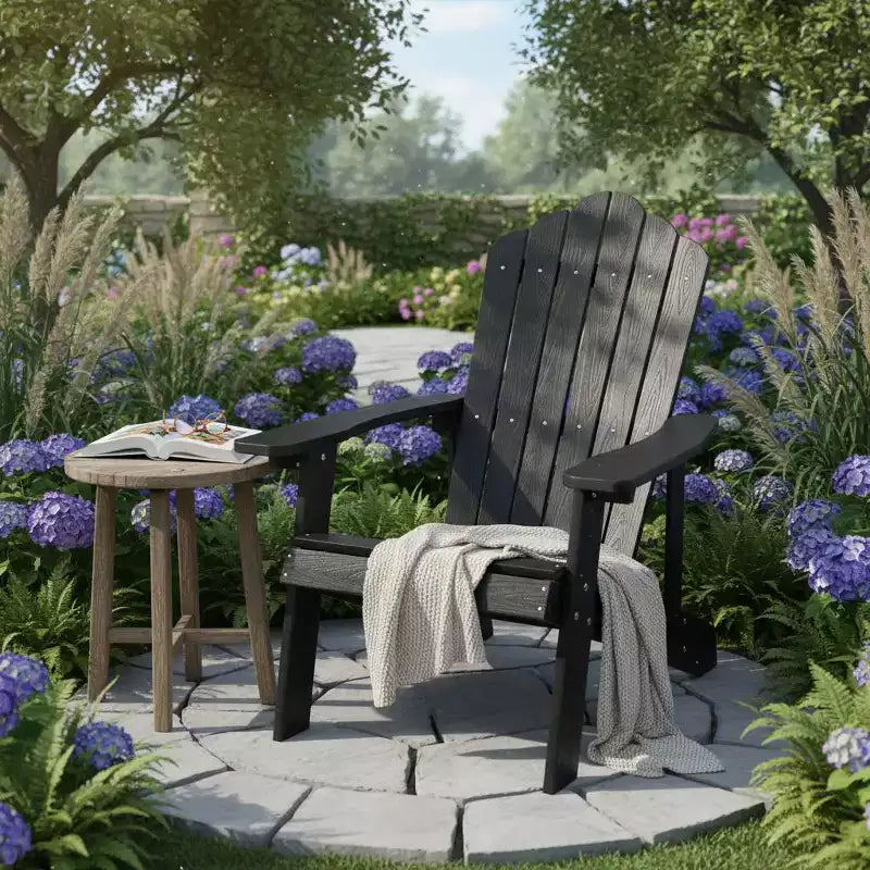 Gymax Outdoor Patio Adirondack Chair Made of Durable HIPS Material with Built-in Cup Holder Weather-Resistant and Supports Up to 380lbs Black/Teak