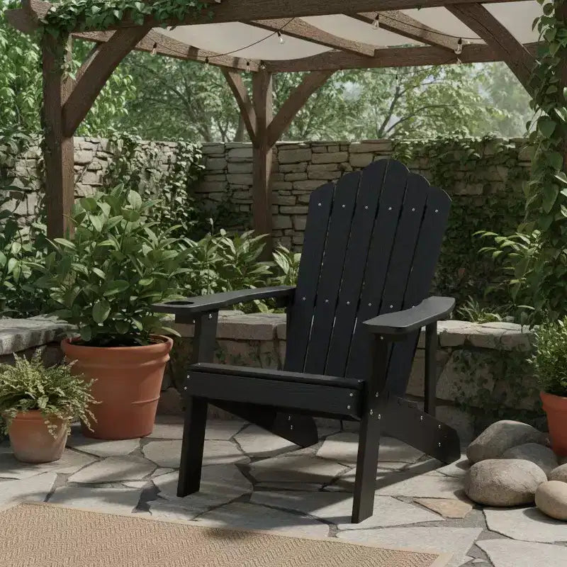 Gymax Outdoor Patio Adirondack Chair Made of Durable HIPS Material with Built-in Cup Holder Weather-Resistant and Supports Up to 380lbs Black/Teak