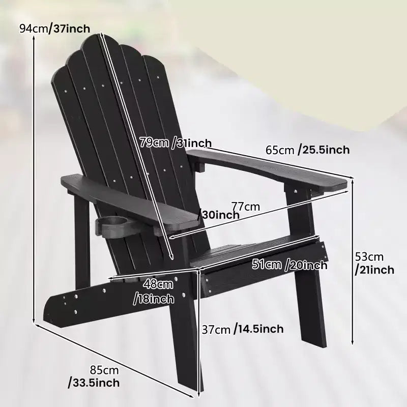 Gymax Outdoor Patio Adirondack Chair Made of Durable HIPS Material with Built-in Cup Holder Weather-Resistant and Supports Up to 380lbs Black/Teak