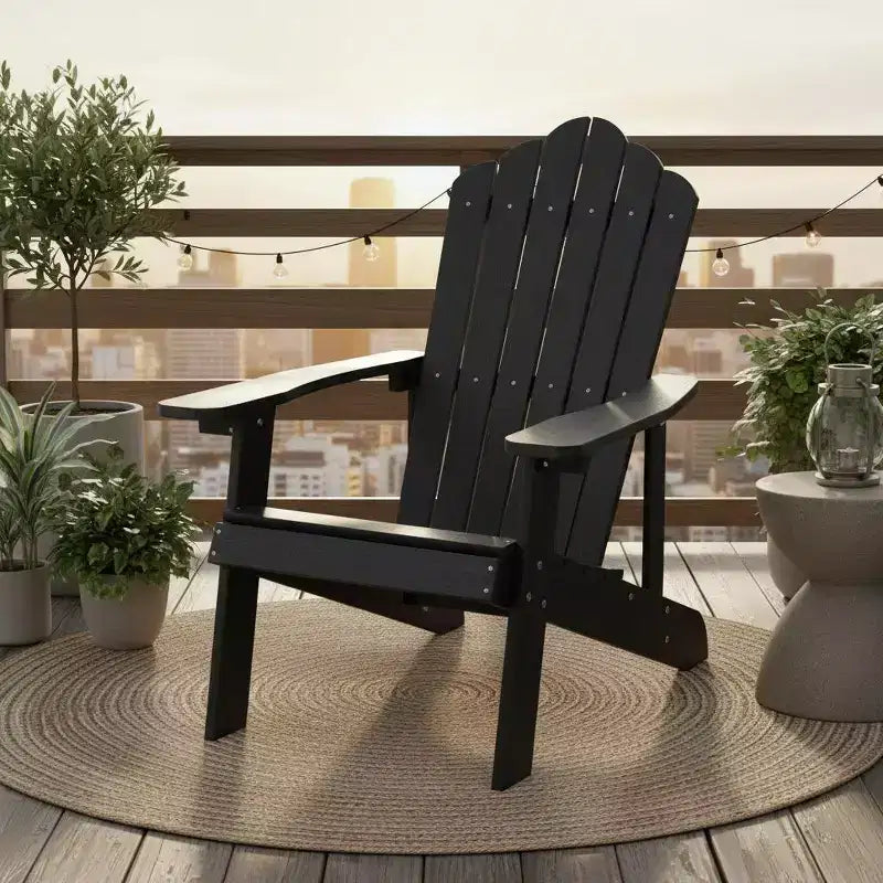 Gymax Outdoor Patio Adirondack Chair Made of Durable HIPS Material with Built-in Cup Holder Weather-Resistant and Supports Up to 380lbs Black/Teak