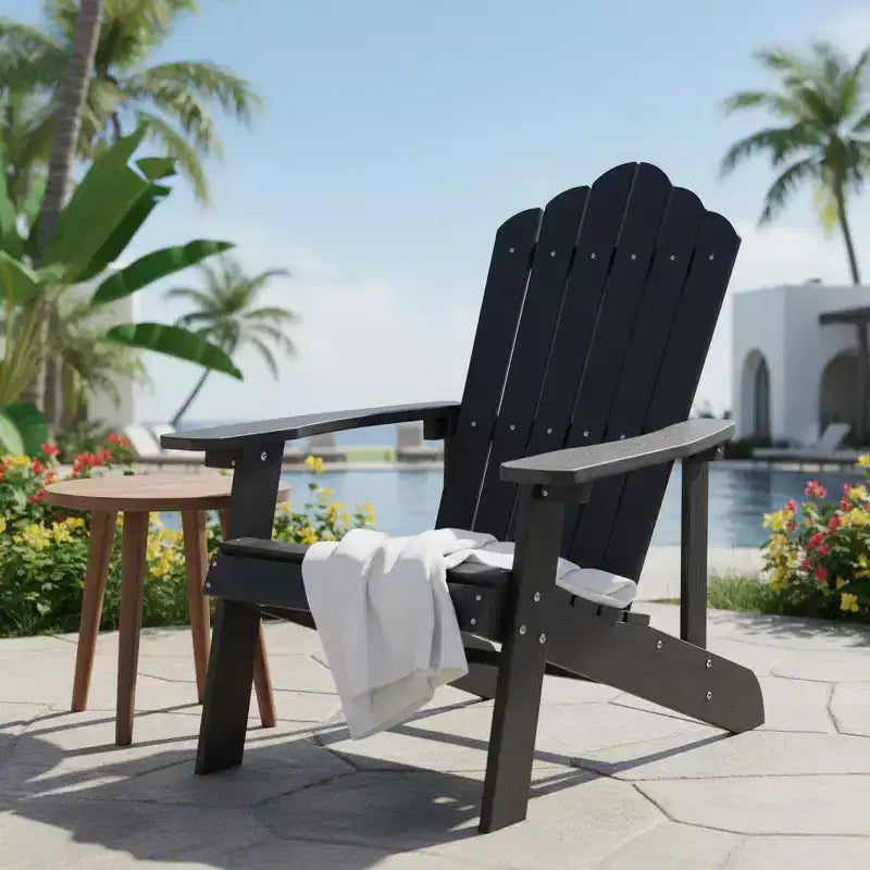 Gymax Outdoor Patio Adirondack Chair Made of Durable HIPS Material with Built-in Cup Holder Weather-Resistant and Supports Up to 380lbs Black/Teak