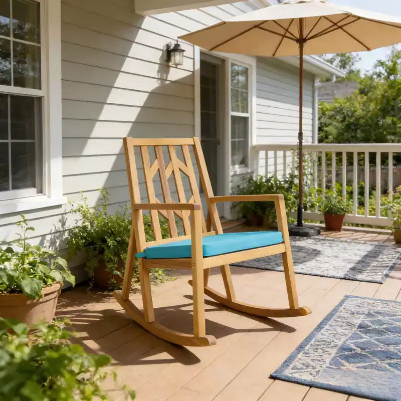 Gymax 1PC Outdoor Rocking Chair Elegant Acacia Wood Rocker with High-Density Foam Cushion Resistant Smooth Balancing Base Ideal Red/Turquoise/White
