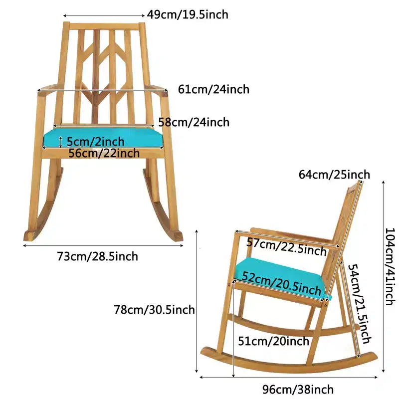 Gymax 1PC Outdoor Rocking Chair Elegant Acacia Wood Rocker with High-Density Foam Cushion Resistant Smooth Balancing Base Ideal Red/Turquoise/White