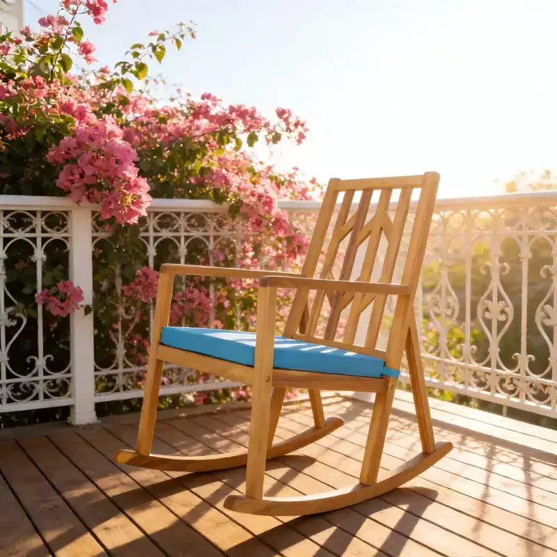 Gymax 1PC Outdoor Rocking Chair Elegant Acacia Wood Rocker with High-Density Foam Cushion Resistant Smooth Balancing Base Ideal Red/Turquoise/White