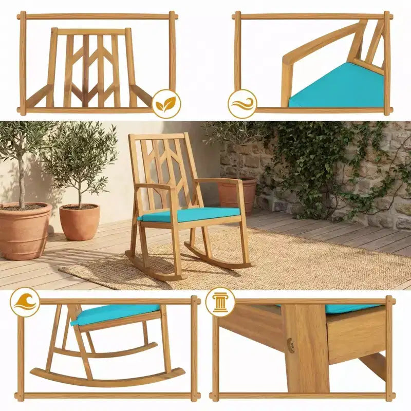 Gymax 1PC Outdoor Rocking Chair Elegant Acacia Wood Rocker with High-Density Foam Cushion Resistant Smooth Balancing Base Ideal Red/Turquoise/White