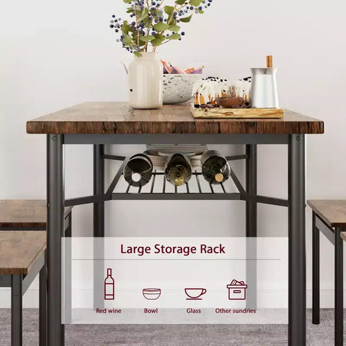 Set da pranzo da 5 pezzi in legno marrone per 4 persone, tavolo da cucina rettangolare in legno con 4 sedie e ripiano portaoggetti per sala da pranzo piccoli spazi