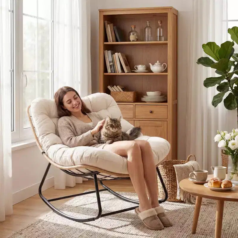 Sedia a dondolo da patio in acciaio rinforzato, rattan resistente alle intemperie, cuscino anti-UV, capacità 204 kg, rattan giallo con cuscino beige
