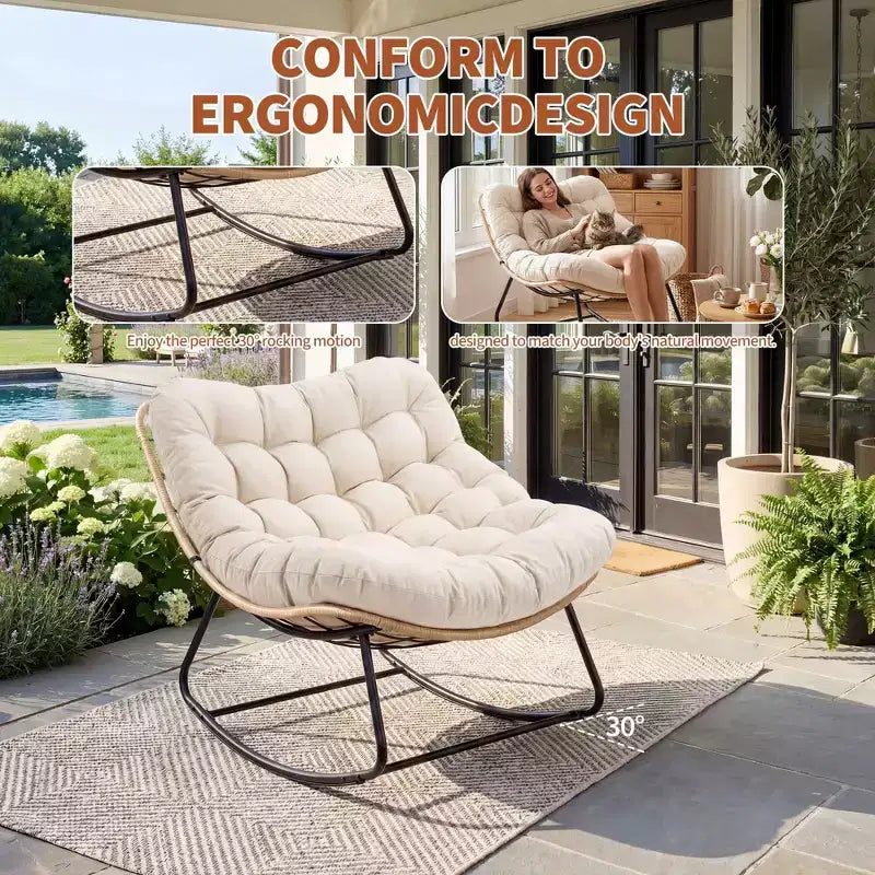 Sedia a dondolo da patio in acciaio rinforzato, rattan resistente alle intemperie, cuscino anti-UV, capacità 204 kg, rattan giallo con cuscino beige
