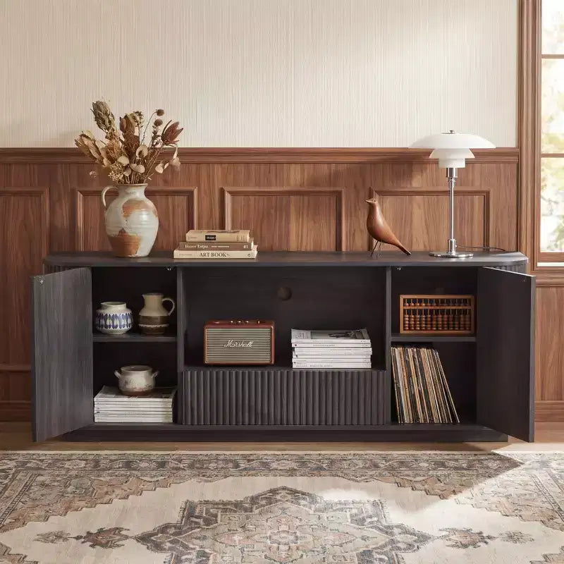 JVNOXK 64-Inch Wavy TV Stand, Rounded Sideboard, Storage Cabinet, Wooden Vertical Stripe Cabinet for Living Room/Bedroom/Entryway.