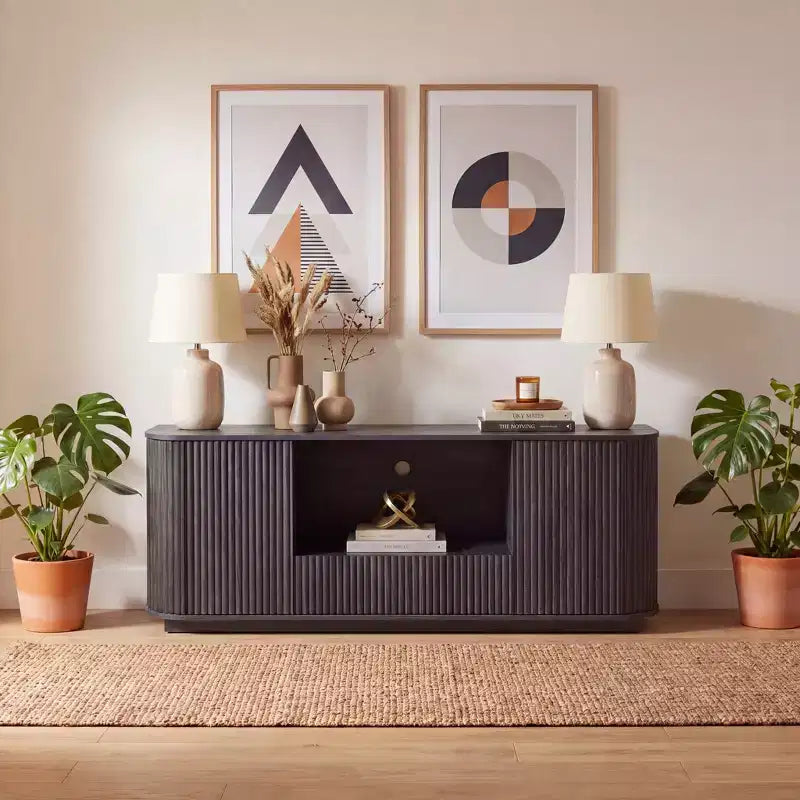 JVNOXK 64-Inch Wavy TV Stand, Rounded Sideboard, Storage Cabinet, Wooden Vertical Stripe Cabinet for Living Room/Bedroom/Entryway.