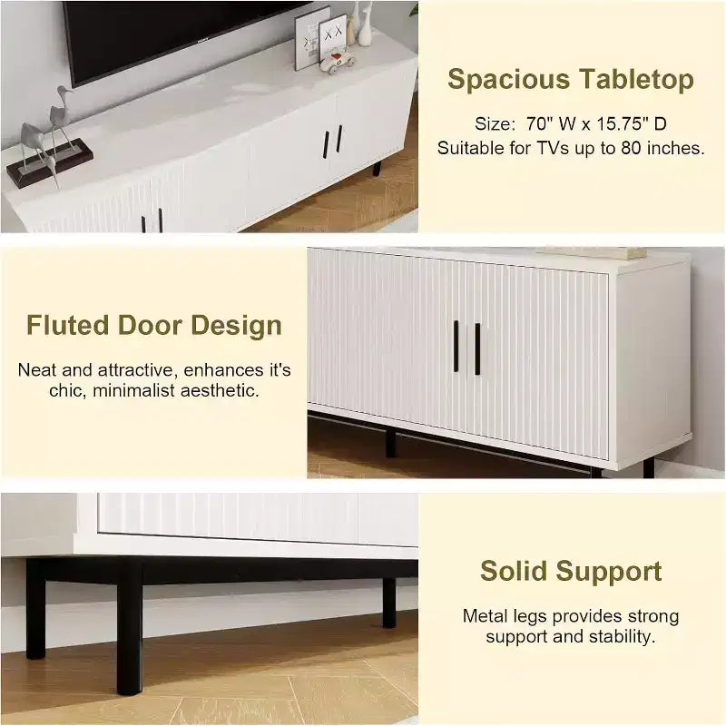 Dyonery 70 Fluted-Door TV Stand, Entertainment Center with StoragePS! Adjustable Shelf, Modern TV Console for Living Room and Bedroom,
