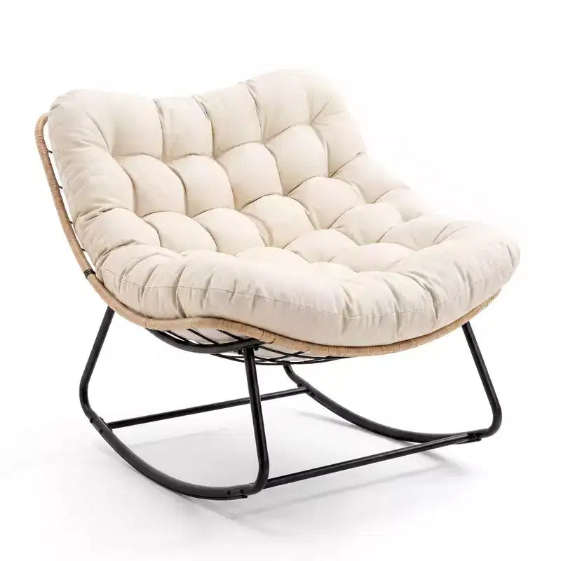 Outdoor Rocking Chair with Soft Fleece,Rattan & Rubber Wood Steel Frame, UV-Resistant Cushion,Side Pocket & 450lb Weight Capacity for Patio & Nursery