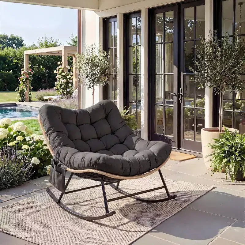 Outdoor Rocking Chair with Soft Fleece,Rattan & Rubber Wood Steel Frame, UV-Resistant Cushion,Side Pocket & 450lb Weight Capacity for Patio & Nursery