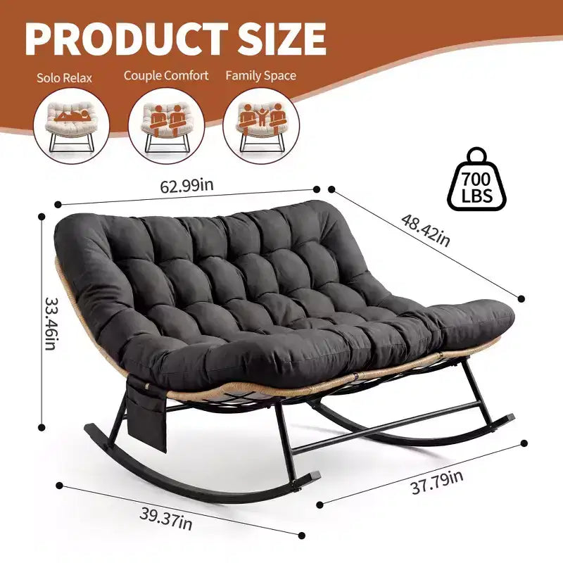 Outdoor Rocking Chair with Soft Fleece,Rattan & Rubber Wood Steel Frame, UV-Resistant Cushion,Side Pocket & 450lb Weight Capacity for Patio & Nursery