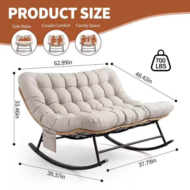 Outdoor Rocking Chair with Soft Fleece,Rattan & Rubber Wood Steel Frame, UV-Resistant Cushion,Side Pocket & 450lb Weight Capacity for Patio & Nursery