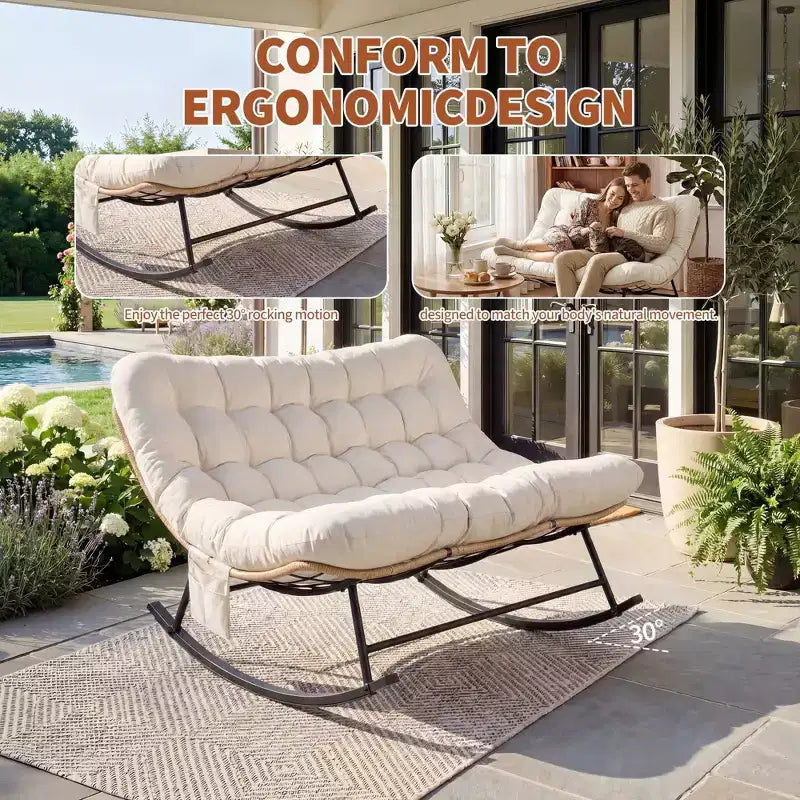 Outdoor Rocking Chair with Soft Fleece,Rattan & Rubber Wood Steel Frame, UV-Resistant Cushion,Side Pocket & 450lb Weight Capacity for Patio & Nursery