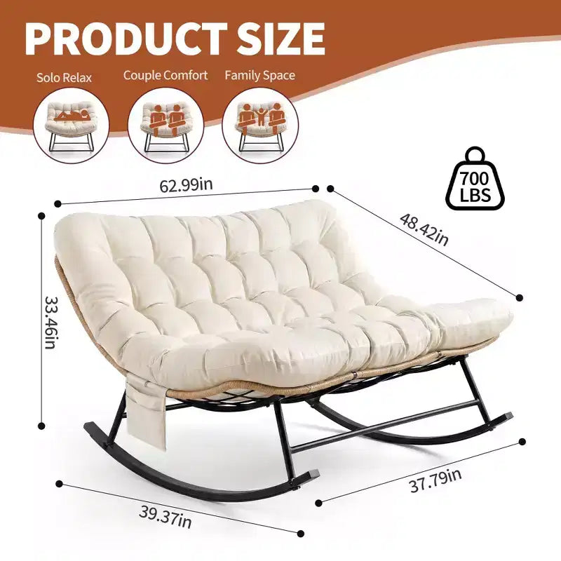 Outdoor Rocking Chair with Soft Fleece,Rattan & Rubber Wood Steel Frame, UV-Resistant Cushion,Side Pocket & 450lb Weight Capacity for Patio & Nursery