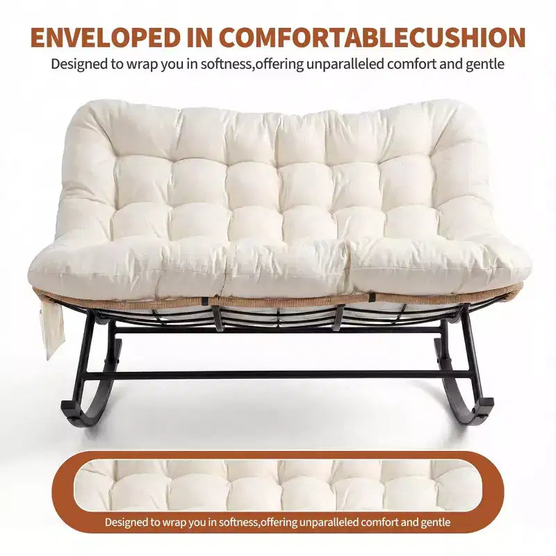 Outdoor Rocking Chair with Soft Fleece,Rattan & Rubber Wood Steel Frame, UV-Resistant Cushion,Side Pocket & 450lb Weight Capacity for Patio & Nursery