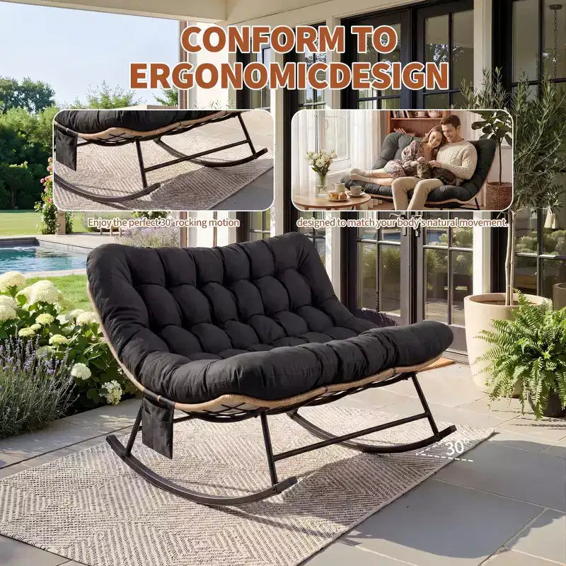 Outdoor Rocking Chair with Soft Fleece,Rattan & Rubber Wood Steel Frame, UV-Resistant Cushion,Side Pocket & 450lb Weight Capacity for Patio & Nursery