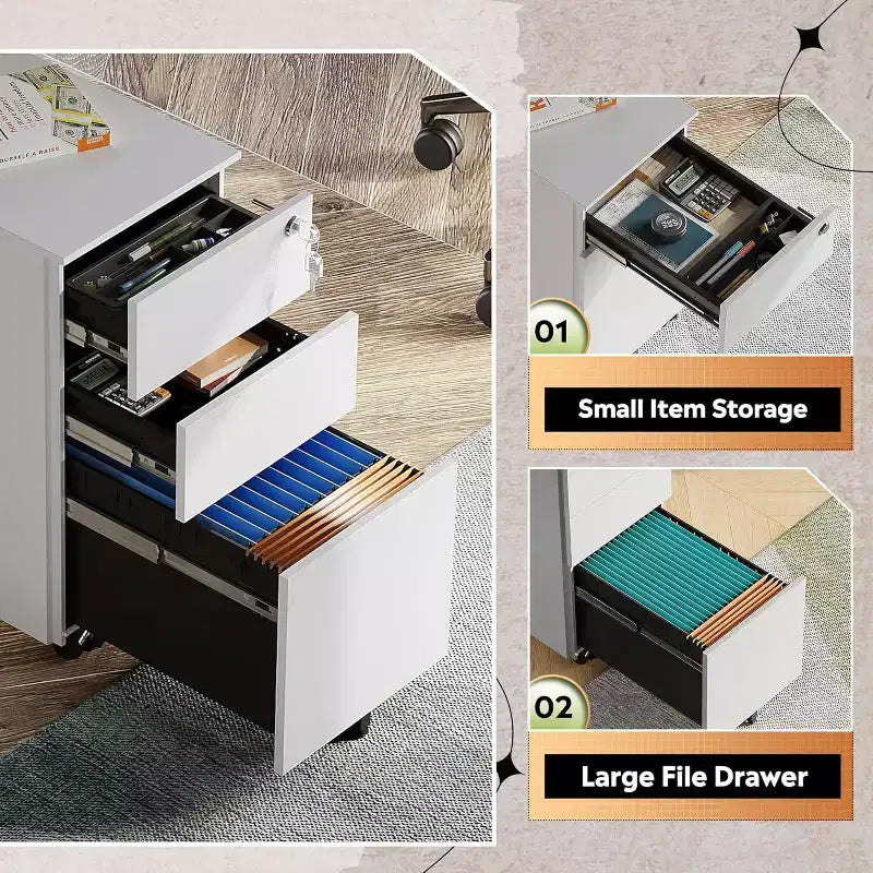 DEXYLLO Cassettiera mobile a 3 cassetti per ufficio domestico, Armadietto verticale sottile da 11,8, Organizzatore di documenti salvaspazio con serratura