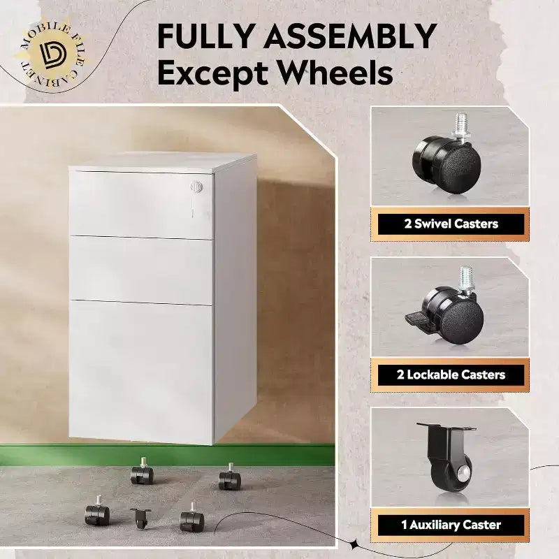 DEXYLLO Cassettiera mobile a 3 cassetti per ufficio domestico, Armadietto verticale sottile da 11,8, Organizzatore di documenti salvaspazio con serratura