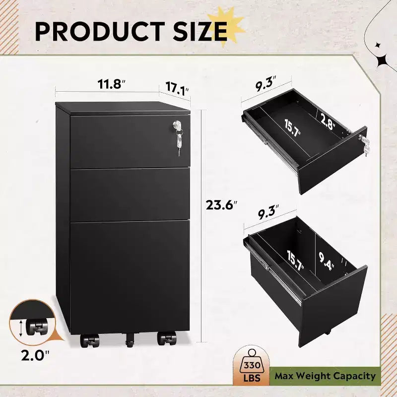 DEXYLLO Cassettiera mobile a 3 cassetti per ufficio domestico, Armadietto verticale sottile da 11,8, Organizzatore di documenti salvaspazio con serratura