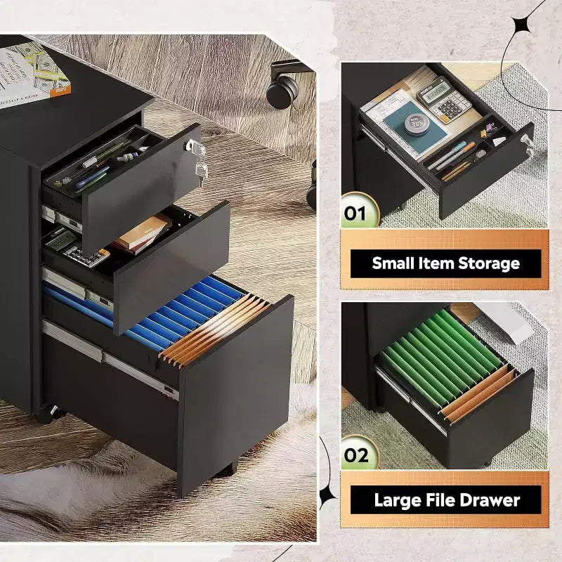 DEXYLLO Cassettiera mobile a 3 cassetti per ufficio domestico, Armadietto verticale sottile da 11,8, Organizzatore di documenti salvaspazio con serratura