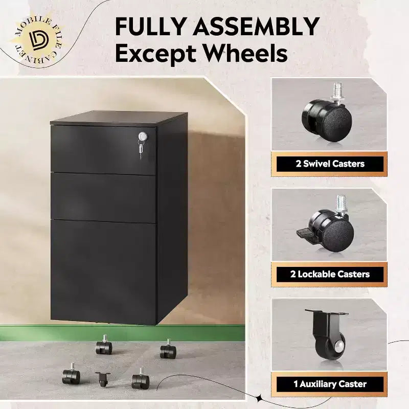 DEXYLLO Cassettiera mobile a 3 cassetti per ufficio domestico, Armadietto verticale sottile da 11,8, Organizzatore di documenti salvaspazio con serratura